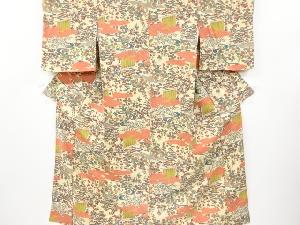 アンティーク　雲に草花模様　上代紬着物